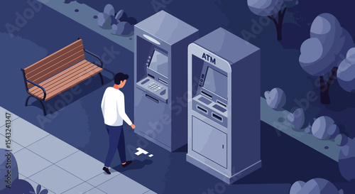 Man Walking Away from ATM at Night Isolate, Security, and Urban Safety Concerns