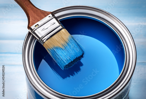 A close-up view of a paintbrush dipped in vibrant blue paint, ready for a fresh coat of color.