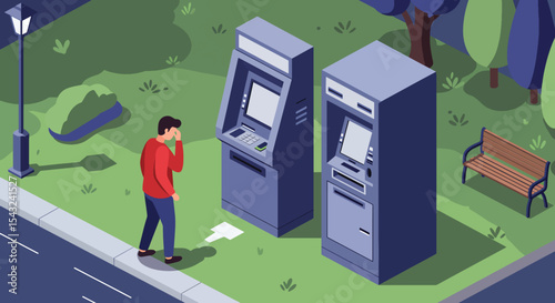 Frustrated Man Encountering Out-of-Order ATMs in a Park