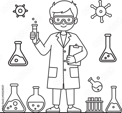boy scientist with lab equipment cartoon science illustration