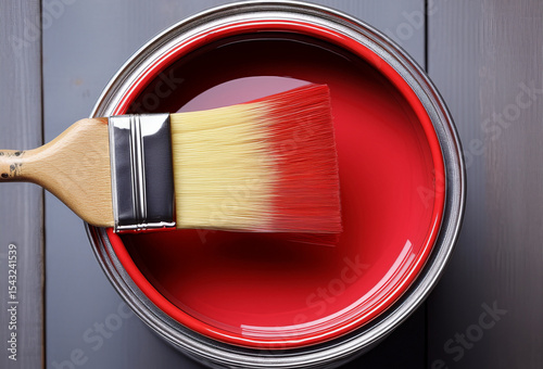 A close-up view of a paintbrush dipped in vibrant red paint, ready for a fresh coat of color.