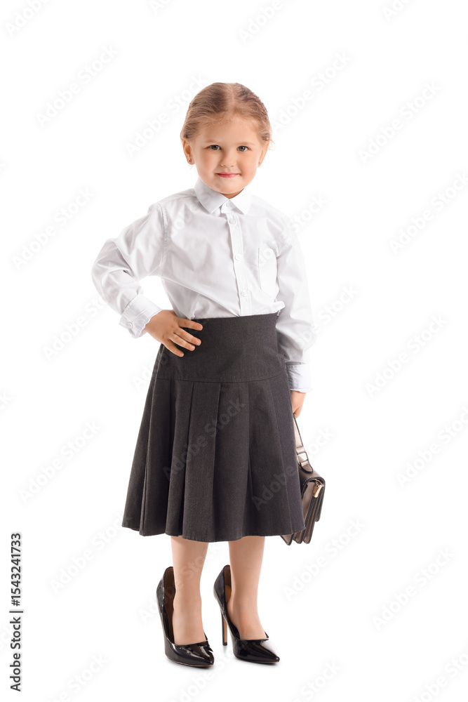 Funny little businesswoman in heels with bag on white background Funny little businesswoman in heels with bag on white background