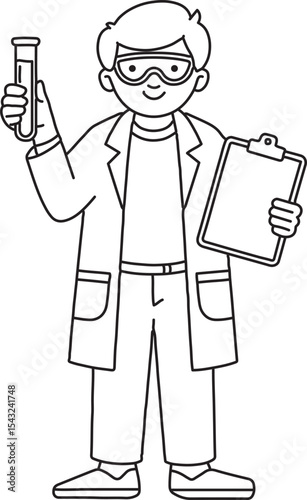 cartoon boy scientist with beakers and notes outline drawing
