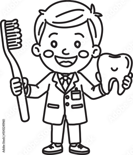happy cartoon child holding big tooth and brush dental illustration
