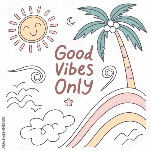 Good vibes only palm tree sun illustration design element