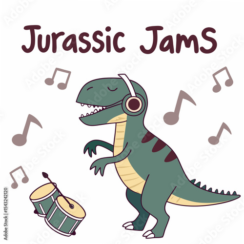 Cute dinosaur playing drums with headphones jurassic jams