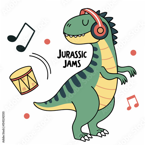 Cute dinosaur playing drums with headphones jurassic jams