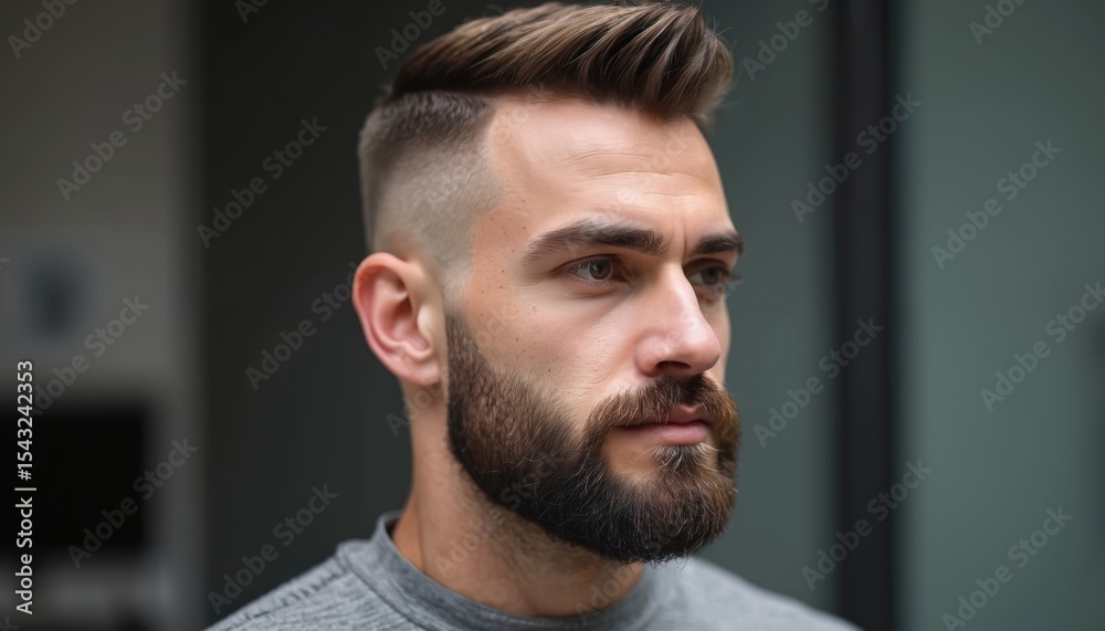 Fototapeta premium Man features classic taper haircut with beard fade, clean lines. Seamless transition from haircut to facial hair. Modern hairstyle, stylish, polished appearance. Profile portrait, serious expression.