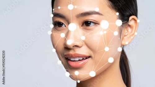 Asian Woman Facial Recognition Technology with Dotted Lines Tracking Points Concept