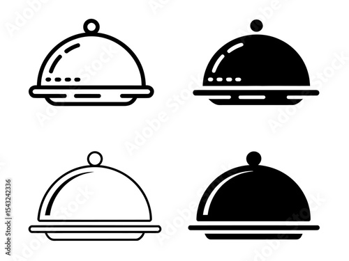 Minimalist Food Cloche Icon Set. Line and Solid Style Serving Tray Illustrations