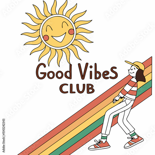 Happy girl walking on rainbow good vibes club design