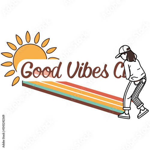 Girl walking towards good vibes retro sun graphic