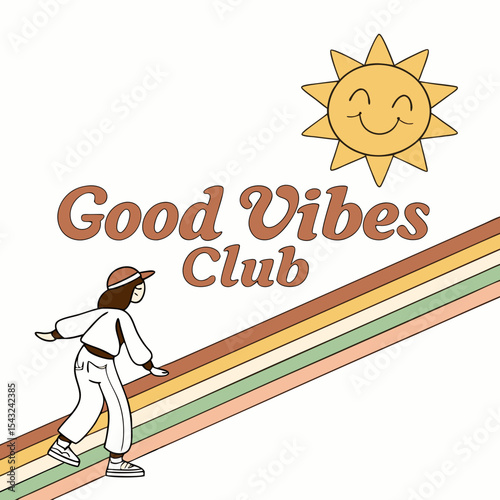 Girl walking up rainbow towards happy sun good vibes club