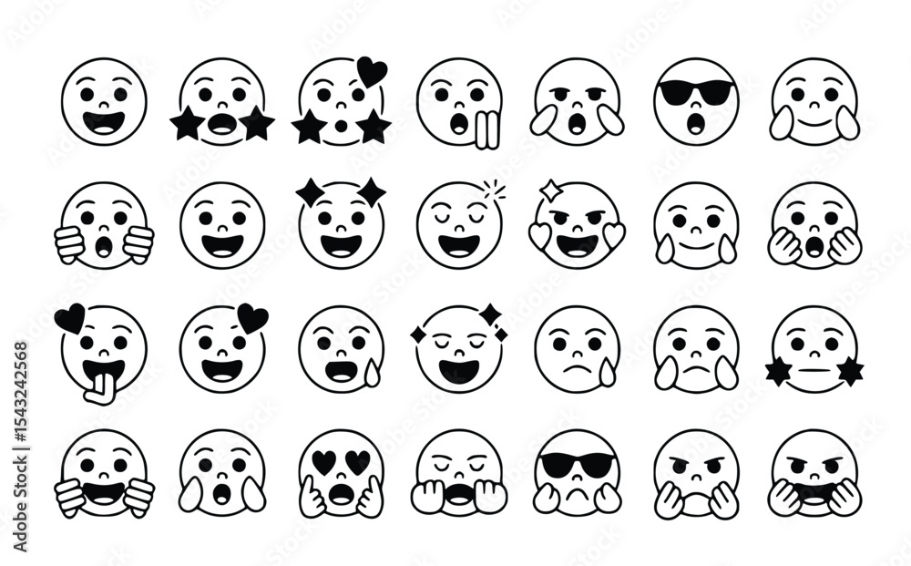 Collection of outline emojis displays various emotions including love, shock, sadness, and joy against a clean white backdrop, silhouette Collection of outline emojis displays various emotions including love, shock, sadness, and joy against a clean white backdrop, silhouette