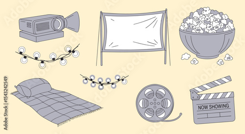 Outdoor movie night icon pack, grey projector screen, popcorn bowl, string light,s blanket film reel and clapperboard. Cozy backyard cinema graphics.