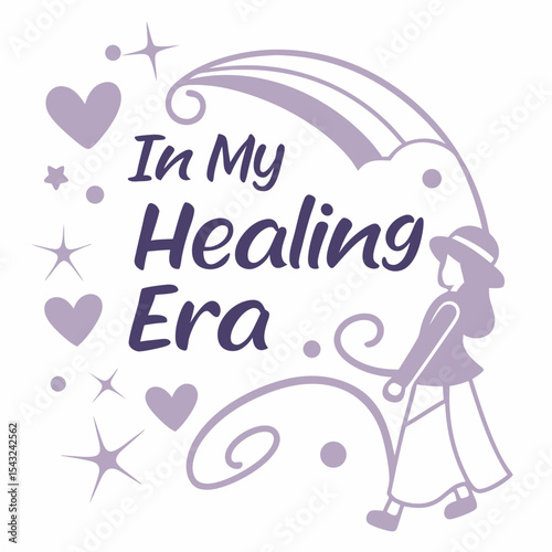 Woman walking towards healing era rainbow hearts