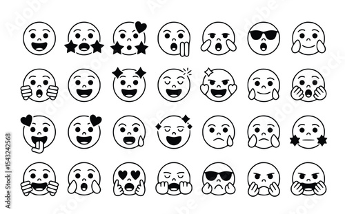 Collection of outline emojis displays various emotions including love, shock, sadness, and joy against a clean white backdrop, silhouette