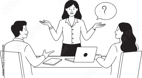 business meeting with team and woman manager black and white line art