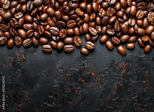 Top view of coffee beans background, flat lay. Closeup shot of raw dark brown coffee on a black surface. Colorful texture for product design and advertising. Vector illustration with copy space. 
