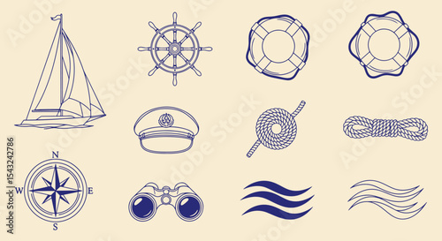 Classic nautical icon collection, blue line sailboat helm, lifebuoy, compass, captain ha,t rope knot waves and binoculars. Maritime adventure graphic.