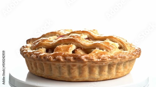 A goldenbrown apple pie sits on a white surface featuring a lattice crust and visible apple filling