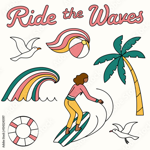 Ride the waves summer surfing illustration design elements