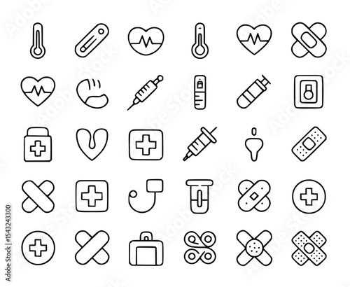 Line art icons collection showcasing health care elements and medical symbols like heart, syringe, thermometer, and bandage, silhouette
