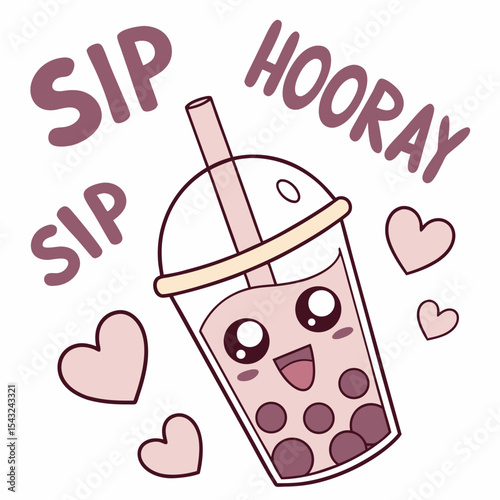Cute cartoon boba tea cup with hearts, sip hooray design