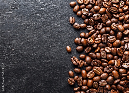 Top view of coffee beans background, flat lay. Closeup shot of raw dark brown coffee on a black surface. Colorful texture for product design and advertising. Vector illustration with copy space. 