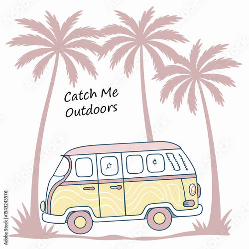 Retro van palm trees summer vacation travel illustration