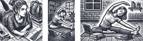 Engraving style college girl stretching on yoga mat with books and laptop, brush grain texture, woodcut design, postal stamp card illustration, vintage line art composition