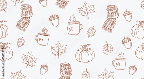 Cozy fall seamless pattern, brown line pumpkins steaming mugs, scarves, maple leaves and acorns on white. Autumn hygge wrapping paper.