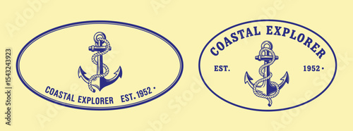 Coastal Explorer anchor badge pack, vintage blue oval emblems with rope anchor and est 1993 lettering. Classic maritime logo collection.