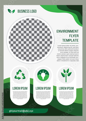 Modern green-themed environmental flyer template featuring eco icons, editable photo placeholder, and space for business logo and contact info.