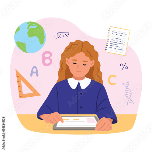 Vector illustration of a girl sitting at a tablet, doing schoolwork.Cartoon scene of a girl sitting at a table with a tablet, doing homework, planet Earth, square ruler, letters,math formula,notebook.