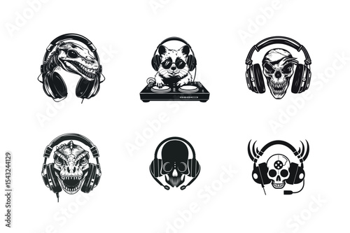 Six animal and skull silhouettes with headphones