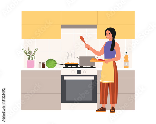 Vector illustration of a girl preparing a dish.Cartoon scene of a girl standing in the kitchen, holding a spatula, a board with chopped vegetables, a countertop, a gas stove, a saucepan, a frying pan.