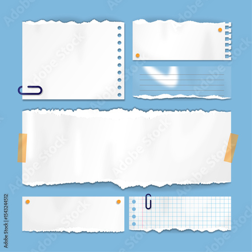 Realistic torn paper set. Containing torn, paper, rip, ripped, realistic, set, edge, texture, page, white, grunge, vintage, hole, reveal, overlay, blank, scrapbook and more. Victor illustration.
