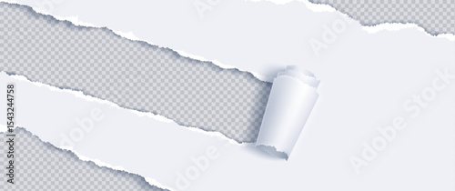 Torn paper white edge txture with curl border background rip strip page isolated template design empty and broken sheet piece with shadow header canvas scratch concept to reveal transparent note.