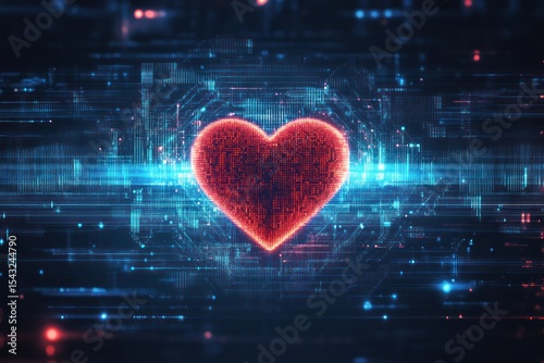 Pixelated red heart icon centered on futuristic digital blue interface