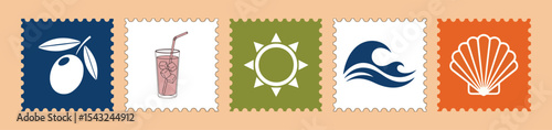 Mini coastal postage strip. Olive branch, iced drink, sun ring, ocean wave and scallop shell icons on colorful perforated stamps for travel scrapbooking