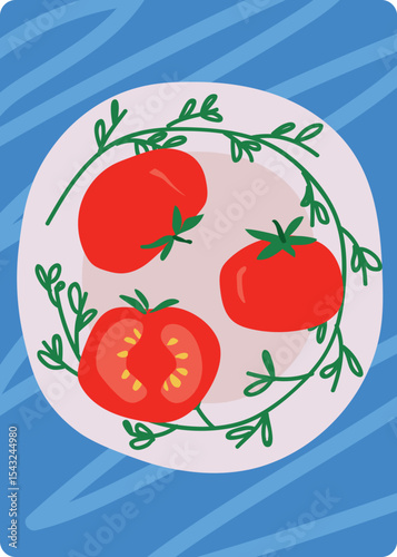 Fresh tomato still life on ceramic dish, healthy Mediterranean food vector