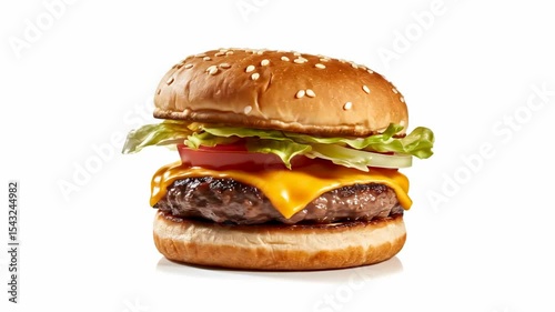 A sesame seed bun burger with beef cheese lettuce and tomato set against a white backdrop