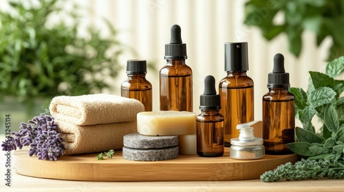 Natural skincare and spa products displayed on a wooden tray.  Herbal and aromatherapy themed