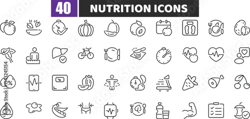 Nutrition Icons Vector Set – Healthy Food, Diet, Wellness, Vitamins, Lifestyle