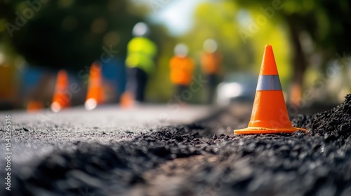 Road Construction Site: Heavy Machinery Working on Asphalt Pavement with Traffic Cones for Safety and Road Maintenance.