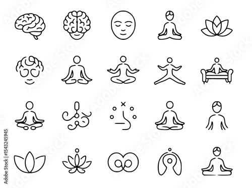 Yoga and meditation outline icons show relaxation, mindfulness, and wellness with lotus flowers and human figures practicing poses, silhouette