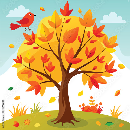 Autumn Tree Orange Red Yellow Leaves Bird vector