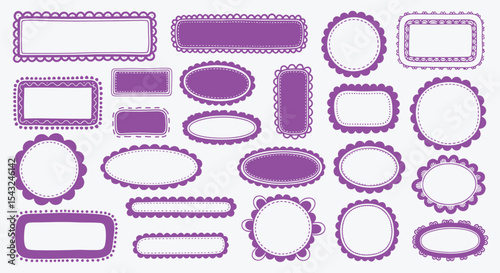 Scalloped label frame bundle. Purple dotted rectangles, ovals and circles in cute scrapbook style borders. Perfect for stickers, tags or invitation cards