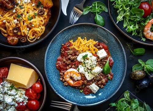 Top view of various dishes on the table, including pasta with cheese and meat sauce, salad in a blue plate, shrimp and feta cheese, and a fork and knife. Black background, high-resolution photography,